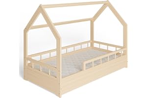 MS FACTORY Letto Casetta in Massello con un Materasso 80x160cm con Telaio a Doghe - Letto per Bambini Singolo con Sponda Anticaduta - Stile Scandinavo Nordico Montessori - Mezze Barriere Legno