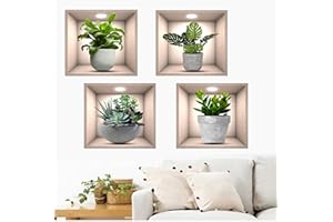 EYSBIY Adesivo da parete vaso 3D, 4 Pezzi 30 × 30cm PVC Piante Verdi Adesivo Murale autoadesivo Decalcomanie da parete Sticker decorativi Moderno Foglia Verde Sticker Murali per Soggiorno, Ufficio (A)