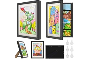 NICEKOOL 2PCS Kids Art Frames - Artwork Display Frame Front Opening A4, Wooden Picture Frame for 150 Pictures, Childrens Artwork Display Frame, Kids Artwork Picture Frames with Storage, Black
