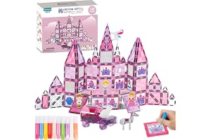 NAPIDA - 126 pcs Princess Castle Magnetic tiles for kids With 16 DIY Magnatiles - 10 Coloring Pens - 6 cartoon characters - A Car Trolly - STEM Magnetic Building Blocks Toys for kids Creativity