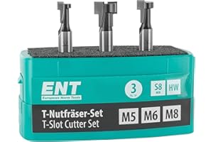 ENT EUROPEAN NORM TOOLS ENT 09003 Set da 3 pz. Frese per scanalature a T M5, M6, M8, codolo (S) 8 mm, in metallo duro, profili per scanalature a T per viti esagonali con filettatura metrica, frese legno