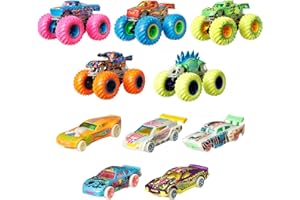 Hot Wheels Toy Monster Trucks 10-Pack of Glow-in-the-Dark 1:64 Scale Vehicles, GITD Set of 5 Trucks & 5 Cars, Play Vehicles for Kids & Collectors, HCB57