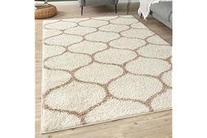 THE RUGS Shaggy Rug – Modern Moroccan Design Rugs for Living Room, Bedroom, Hallway, 3 cm Thick Area Rugs, (Trellis Ivory/Beige, 60x110cm)