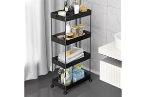 ‎SPACEKEEPER SPACEKEEPER Aufbewahrungswagen, Rollwagen mit 4 Ebenen, Nichenregal auf Rollen für Wäsche, Badezimmer mit 6 Haken und 2 Behälter, Schwarz