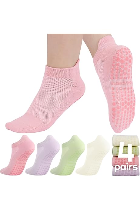 TSHAOUN 4 Paires Yoga Chaussettes Antiderapant Chaussettes, Femmes Chaussettes De Pilates Chaussettes En Coton Antidérapantes Pour