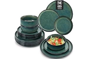 vancasso Plates and Bowls Set, Starry Stoneware Green Crockery Sets for 6 People,18 Piece Ceramic Dinnerware Sets with Dinner Plates, Dessert Plates, and Bowl Set, Dishwasher and Microwave Safe