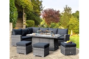 GOODS EMPORIUM Rattan Garden Furniture with Fire Pit Table - Premium Series - 8 / 9 Seater Outdoor Furniture Rattan Corner Sofa Corner Garden Patio Sets - FREE RAIN COVER (Dark Grey, Left Hand - Firepit Table)