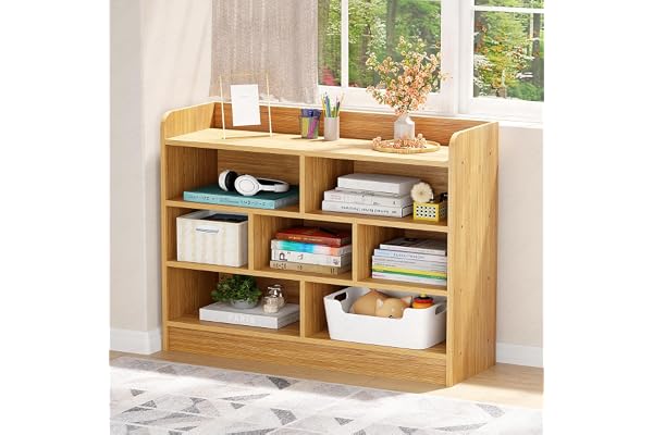 Lukzer Multipurpose 7-Section Storage Rack with 4 Shelves Bookcase & Display Unit for Home & Workspaces (MR-008/Light Oak/70x28x93cm)