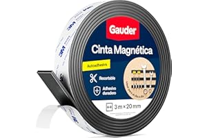 GAUDER Cinta Magnética Autoadhesiva con Adhesivo 3M - Tira Magnética Fuerte y Recortable - Alta Fuerza de Sujeción con Reverso 3M (3 m x 20 mm)