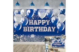 TENCOW Toile de fond « Happy Birthday » - Ballons à paillettes argentées - Pour photographie d'anniversaire - Fournitures de décoration de fête d'anniversaire - 240 x 180 cm - Bleu marine