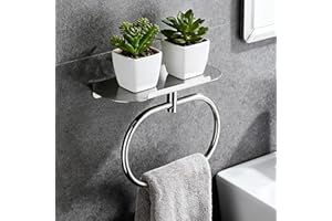 DIYZON Towel Ring with Shelf, Stainless Steel Bath Towel Rings, Self Adhesive Hand Towel Ring for Bathroom, Wall Mounted Towel Hanger for Bathroom Kitchen (Chrome)