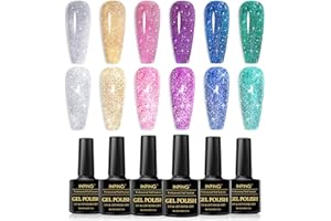 INPING Esmalte Semipermanente de Uñas, 6 Color Reflectante Parpadeo Pintauñas gel, Láminas Oro Verde Rosa Morado Azul Diamante Kit de Esmaltes en Gel UV para Manicura, El Destello en La Noche