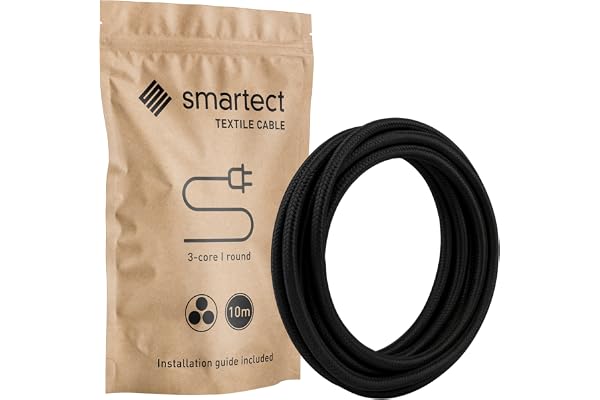 smartect Textilkabel för Lampor (3 x 0.75mm²) Svart, 10 Meter | Vintage Tvinnad Trasa täckt Tråd, 3 prong, Trasa Elektrisk Sladd för DIY Projekt