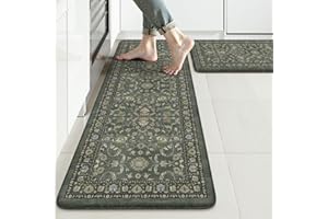 KIMODE Comfort Kitchen Mats for Floor Cushioned Anti Fatigue,Boho Vintage Kitchen Rugs Sets of 2 Non Slip,Memory Foam Kitchen Floor Mat Carpet for Laundry Office Home Decor,Dark Green