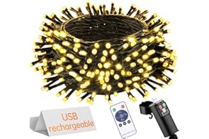 UIONVO Guirlande Lumineuse Sapin de Noel - à Pile Rechargeable USB 10M 100 LED Télécommande Imperméable Exterieure Intérieure Blanc Chaud Lumieres pour Christmas Chambre Jardin Arbre Mariage Fête