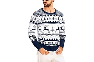 Marvmys Jersey de Navidad Hombre Suéter Navideño Invierno Manga Larga con Copos de Nieve y Reno Cuello Redondo Punto Jersey de Punto L-XXL