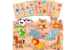 lenbest 6er Set Kinder Holzpuzzle - Montessori Spielzeug - Tier Alphabet Nummer Fahrzeuge Form Frucht Holzspielzeug - Puzzle Steckpuzzle Lernspielzeug Kinderspielzeug 2 3 Jahre - Geschenke