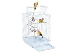 Yaheetech Gabbia per Uccelli Pappagalli Inseparabili Voliera in Metallo con Tetto Apribile Posatoio in Legno e Giocattolo 40 x 40 x 58 cm Bianco