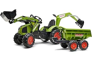 FALK - Tractopelle à pédales Claas avec excavatrice et remorque basculante - Dès 3 ans - Fabriqué en France - pelle frontale et excatrice articulées - Siège rotatif - 1010W, Vert