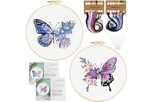 TAIHOBO Kit de Démarrage de Broderie Papillon, 2PCS Fils à Broder Kits avec Instructions, Embroidery Starter Kit pour Adultes Débutant, Kits de Broderie au Point de Croix pour Amateurs de Couture