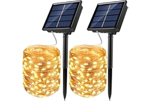 UNIHOH Solar String Lights, 2 Pack 100 LED Solar Fairy Lights 33 ft 8 Modes Copper Wire Lights Waterproof Outdoor String Lights for Garden Patio Gate Yard Party Wedding Indoor Bedroom (Warm White)
