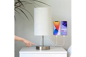 Caza Bedside Touch Lamps with 2 USB Charging Ports, Fabric Shade for Bedroom, Living Room, Office, LED Bulb Included (White)