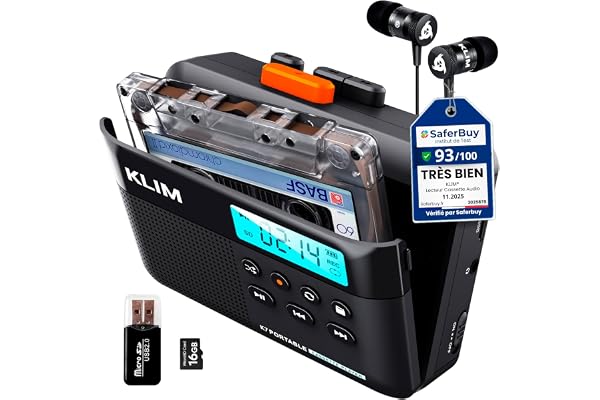 Cassette Player KLIM K7 - Lecteur Cassette Audio - Convertisseur Audio en MP3 - Microphone et Haut-Parleur intégrés - Batterie Rechargeable - Ecouteurs - Carte SD 16GB - Noir-Orange