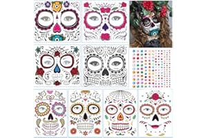 LGZIN Halloween Tatuajes Temporales de Cara, 8 Hojas Día de los Muertos Cráneo Cara Tatuajes y 1 Pegatinas de Diamantes de Imitación, Pegatinas Cara Halloween para Disfraces y Fiestas