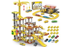 LumenVela Parkhaus für Kinder, 203 Stück Parkgarage 4 Stockwerke Autogarage Kinder mit 1Betankung, 1 Kran, 18 Wagen, Tankstellen für 4 5 6 7 8 9 10 Jahre