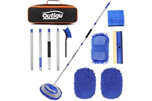 Outigu Juego de cepillos de lavado de coche, mango extensible de 160 cm, mopa de microfibra con cabezal de repuesto, cepillo de rueda, toalla y esponja (azul)