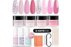 Aokitec Kit de uñas en polvo de inmersión, 15 piezas, polvo de inmersión rosa con activador de base líquida de inmersión, gel superior para iniciación de manicura, regalo para mujeres y niñas