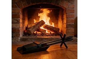 Kingson Juego de pala y cepillo para chimenea de color negro, 38 x 12,5 x 12 cm, accesorios para quemador de leña, elegante juego de compañero para el mantenimiento de la chimenea