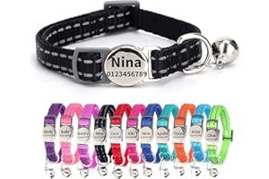 SEOUGEE Collar de gato con etiqueta de nombre personalizada, collares reflectantes para gatos con campanas y hebilla de liberación rápida de seguridad, placa de identificación antipérdida para gatos
