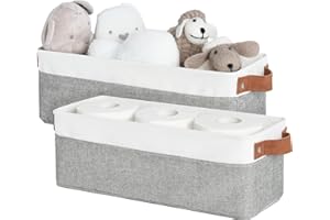 StorageWorks Narrow Storage Boxes for Shelf, Long Storage Baskets with Metal Frame, Slim Storage Boxes for Organising, Decorative Foldable Cloth Bins for Living Room Counter, Grey and White, 2-Pack
