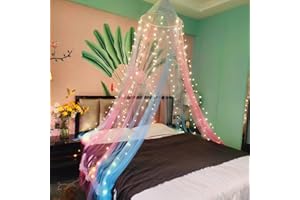 Eimilaly Two-tone Bed Canopy Mosquito Net Pink Blue with 250pcs Warm Lights, Bed Canopy for Girls Room Decor, Single Door