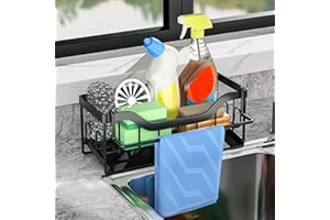 ENCURYNA Organizer do zlewozmywaka, czarny, organizer na umywalkę, uchwyt na gąbkę z samoopróżniającą się wanną odpływową, organizer do umywalki, uchwyt na płyn do mycia naczyń, organizer do zlewu