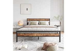 HOJINLINERO King Size Bed Frame with Wooden Headboard,Matel Bed Frame King Size/Kingsize Bed Frame Mattress Base,Strong Metal Slats Support No Noise,Solid Metal Bed Frame Double Bed,Black+Rustic Brown