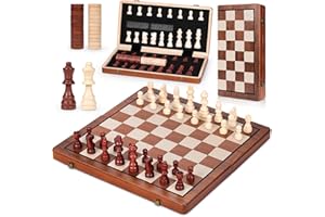 Januts 2 in 1 Scacchiera in Legno Scacchiera Magnetica Pieghevole con Regine Extra 39 * 39CM Portatili Pieghevole Scacchiere Scacchi da Viaggio Scacchi Realizzato Mano Scacchi Dama per Adulti Bambini