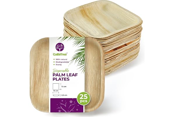 GoBeTree 25 Engångstallrikar Palmblad Fyrkantiga 15 cm för Dessert | Styva Desserttallrikar för Tårta, Fika och Lätta Förrätter, med Naturlig Ådring som Bambu