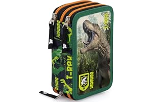 Julian Ross Astuccio 3 Scomparti – 45 Pezzi, 2 Penne Cancellabili, Pastelli 4.0, Forbici, Colla, Pennarelli – Scuola Elementare e Regalo Bambino - Dinosauro T-Rex
