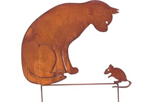 Bornhöft Décoration de jardin chat + souris - Hauteur : 50 cm - En métal rouillé - Rouille