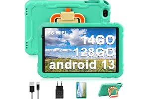 AOCWEI Tablette Enfant 10 Pouces, Tablette Android 13, 14 Go RAM + 128 Go ROM (TF 512 GB) | Octa-Core | 5+8 MP | 5G WiFi | 8000 mAh | 2 Ans de Garantie, Coque Antichoc Robuste - EVA - Vert