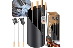 KESSER® Kaminbesteck Set XXL Gusseisen Kaminzubehör, Kaminholz Besteck, Stahl beschichtet, Hochwertige Kamingarnitur + Besen, Kehrschaufel, Schürhaken, Gusseisen Ständer, Holz Griffe, Anthrazit