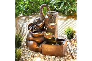 3 PAGEN® Solar-Brunnen Elefant für draußen – Wasserfall, stimmungsvoll beleuchtet – einfache Anwendung – wetterfest und robust – solarbetrieben ideal für Garten und Balkon