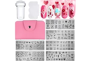 Kalolary 9PCS Set de Stamping Nail Art, 6Pcs Día de San Valentín Placas Estampacion Uñas Molde de Unicornio Tacón Alto Corazón + 1Pcs Sello +1Pcs Rascador +1Pcs Bolsa para Placas(Rosa)