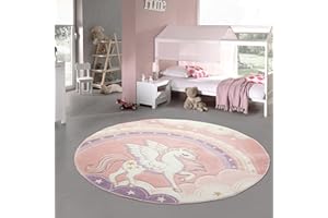 ‎TEPPICH-TRAUM Teppich-Traum kreisförmiger Kinderzimmer Spielteppich • langlebig • Einhorn Regenbogen Wolken Creme rosa, Größe 160 cm rund