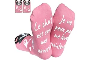 UEOTO Idee Cadeau Femme Chat, Chaussettes Femme 39 42 Fantaisie Coton, Chaussettes Rigolotes Humour Cadeau Fete des Meres Anniversaire Noel Saint Valentin Original Utile pour Amie Soeur
