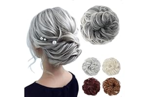 JJstar Chignon Postiche Cheveux Grande Postiches Bouclés Ondulés Chouchou Cheveux Naturel Faux Chignon Elastique pour Femmes Fille (Gris avec mèches blanches)