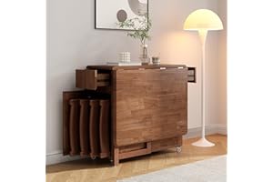 Hearthform Space Saving Foldable Dining Table with Wheels, Solid Wood Extending Kitchen & Dining Table in Walnut, Rolls Away for Storage（130CM）（Without Chairs）