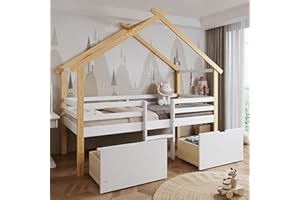 ModernLuxe Children's Wooden Bed with Safety Guardrail, 3ft Single Bed 90×190cm, MDF & Pinewood, Storage Drawers with Wheels, White & Natural, Imitation Roof Design - No Matress